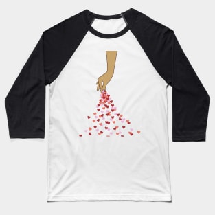 Hand sprinkling red and pink hearts, spread a hopefull message of love and care for each other! Warming Baseball T-Shirt